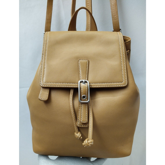 Coach Brown Tan Leather Drawstring Buckle Flap Closure Backpack - Vintage - Picture 1 of 16